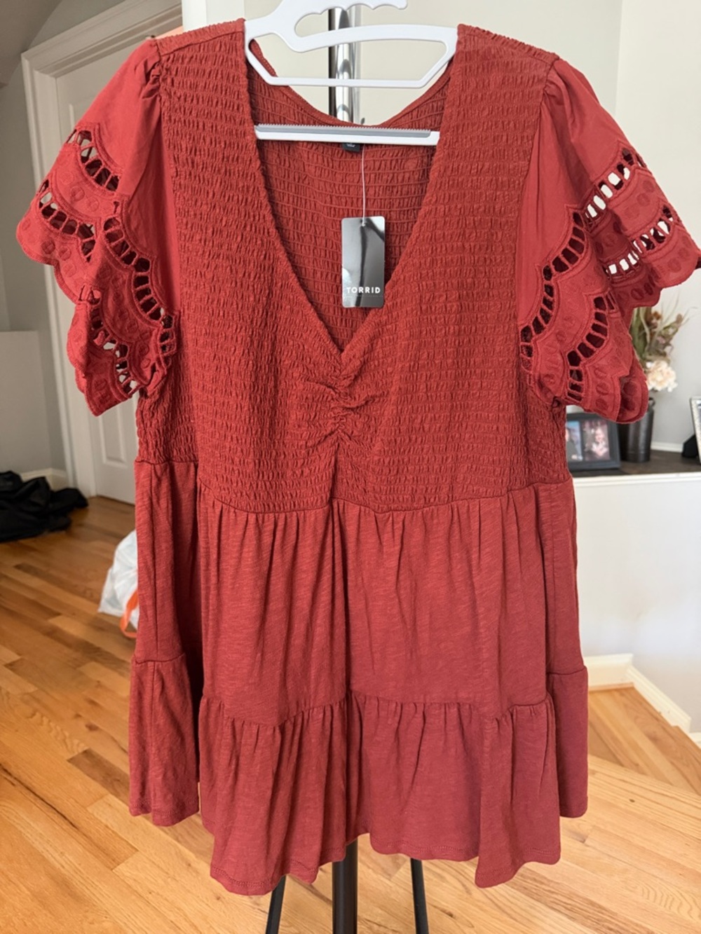 NWT Torrid Rust Red Smocked V-Neck Tiered Tunic with Eyelet Flutter Sleeves